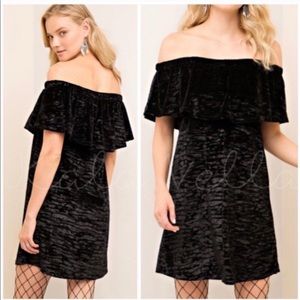 Off-Shoulder Black Velvet Ruffle Midi Dress